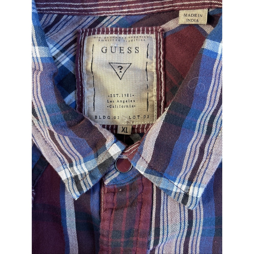 Vintage GUESS Western Plaid Maroon‎ Pearl Snap Rancher Ticking Lined Men's XL - Picture 5 of 7